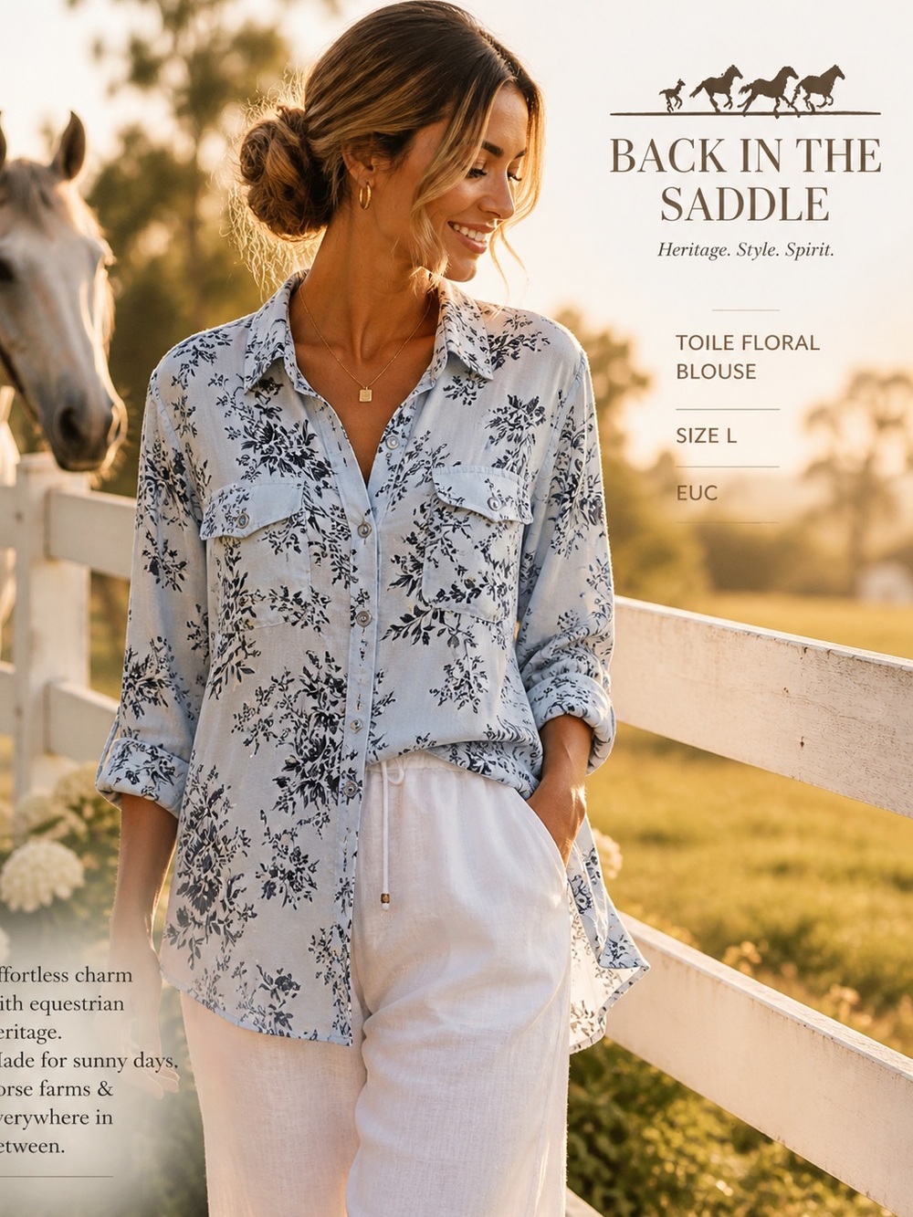 VTG Back In The Saddle,Blue Toile Floral Blouse Chic Coastal Western Top,Size L
